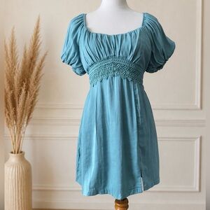 Trixxi Teal Boho Mini Dress Lace Waist Puff Sleeve Size L